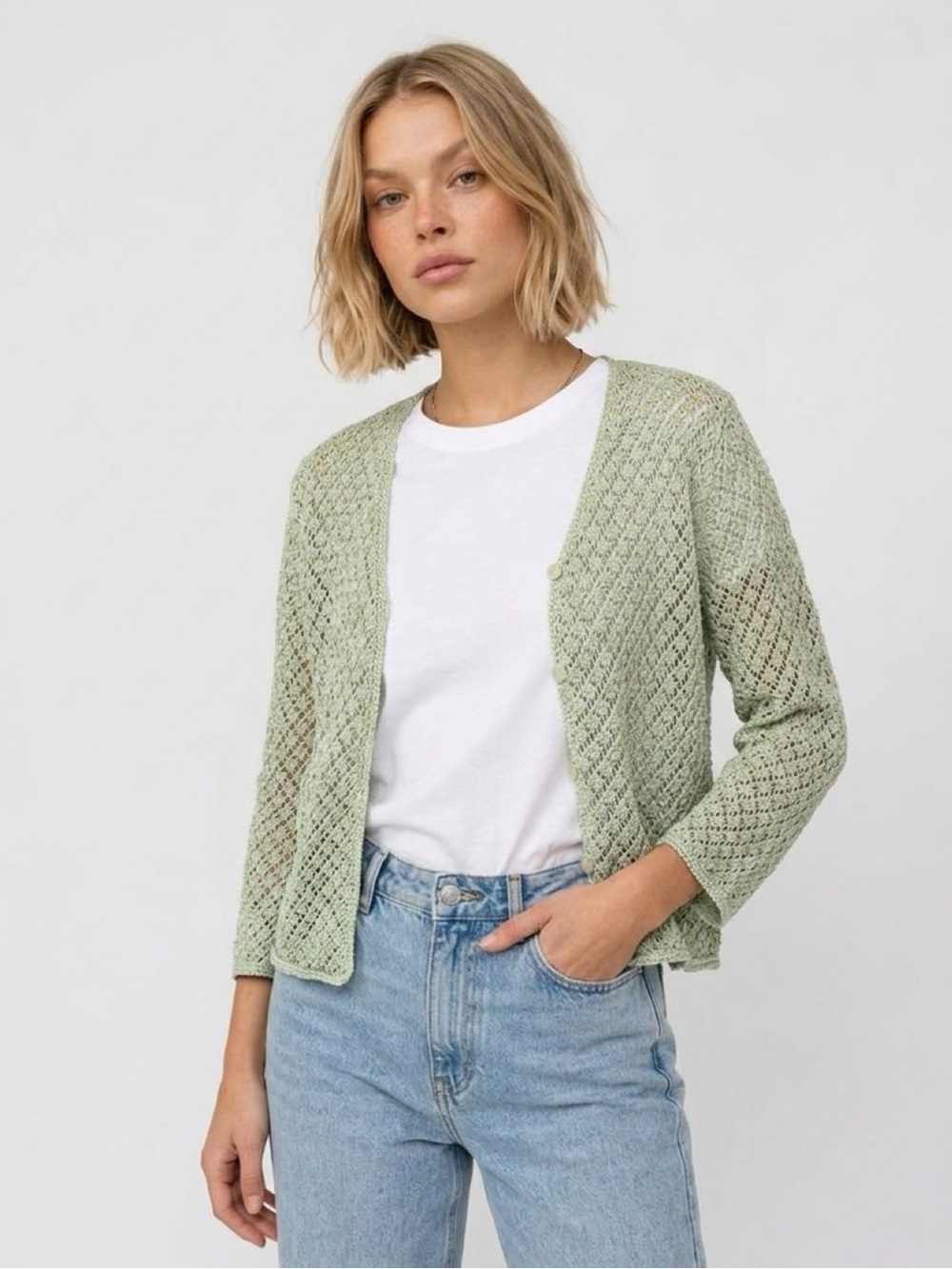 Light Green Openwork Knit Women's Cardigan Large